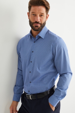 C&A Business Regular Fit Kent Collar Easy-iron Patterned Blu Scuro | 3870-HEQIP