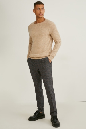 C&A Chinos Tapered Fit Flex 4 Way Stretch Check Grigie Marroni | 9037-SJEXQ