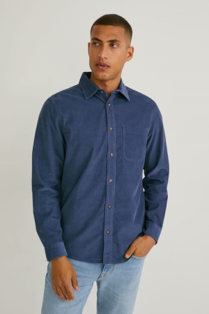 C&A Corduroy Regular Fit Classiche Collar Blu | 8153-JCZTO