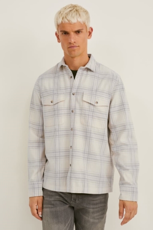 C&A Corduroy Slim Fit Kent Collar Check Bianche Grigie | 1623-FUBCI