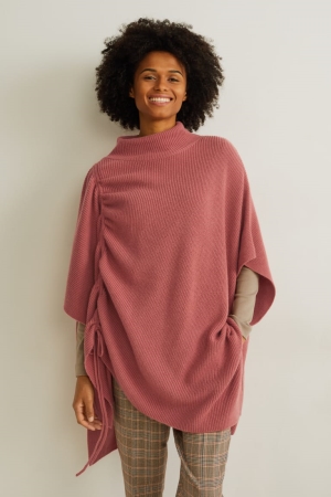 C&A Lavorato A Maglia Cashmere Blend Poncho Rosa Scuro | 1490-OYDGB