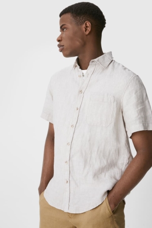 C&A Linen Regular Fit Kent Collar Creme | 4092-DMOJU