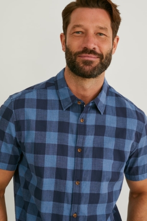 C&A Mustang Slim Fit Kent Collar Check Blu Blu Scuro | 1693-DGQLZ