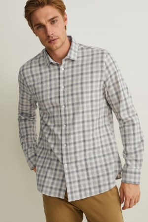C&A Slim Fit Kent Collar Check Grigie | 5670-BWPOX